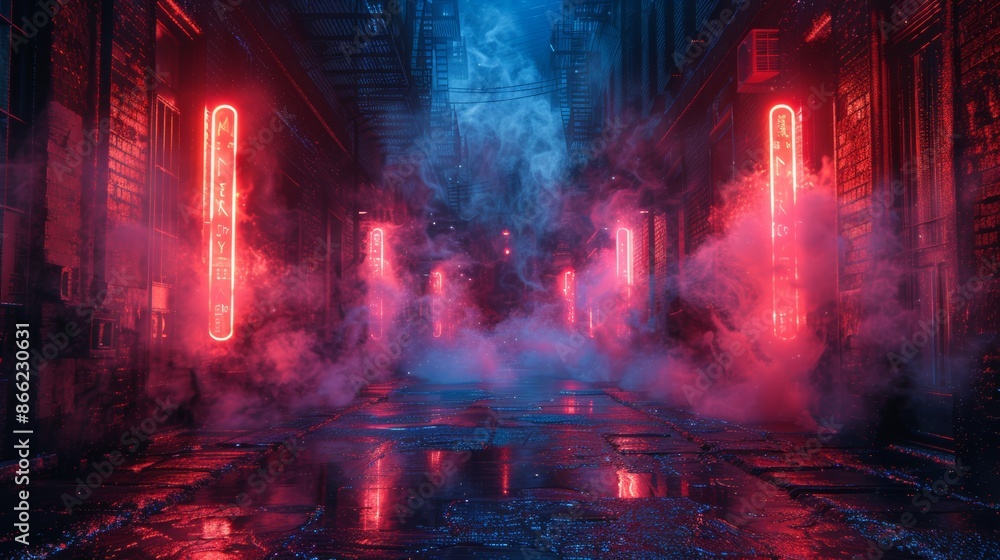 Poster dark and empty alley with neon lights reflecting on wet surfaces and smoke swirling around.