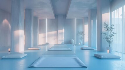 A minimalist yoga studio with sleek design and calming blue hues, Minimalist, Soft tones, Digital painting, highlighting serenity and focus