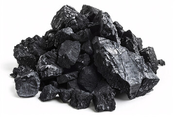 Fototapeta premium Pile of coal rocks isolated on a white background representing raw energy sources and industrial materials