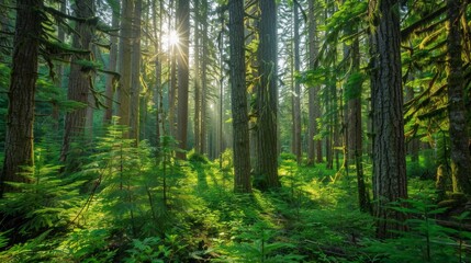 Fototapeta premium Dense forest with a variety of old spruce, fir, and pine trees, vibrant green foliage and sunlight filtering through the canopy
