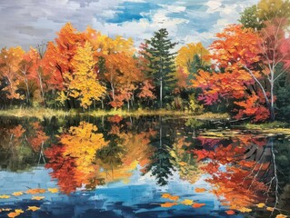 Obraz premium A serene autumn landscape with a glassy lake reflecting vibrant fall foliage, Natural, Warm colors, Oil painting, capturing tranquility and beauty