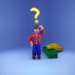 The man thought. Question mark over a man. Boy thinks. 3D illustration in the style of modeling from modeling clay