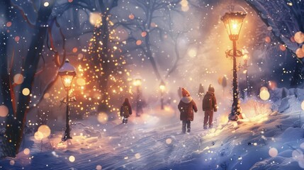 Fototapeta premium A whimsical scene of children playing in a magical snowfall, Fantasy, Soft tones, Digital painting, blending winter with enchantment
