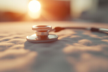 Obraz premium A classic chrome stethoscope with a black rubber diaphragm rests on a crisp white examination table, illuminated by a moonbeam streaming through a window.