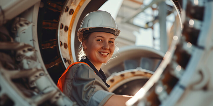 Junge Technikerin arbeitet an gro&szlig;em Triebwerk