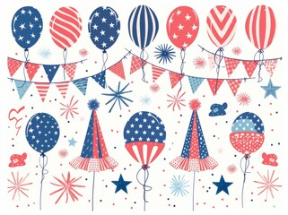Colorful 4th of July celebration clipart featuring patriotic balloons, banners, and party hats in red, white, and blue