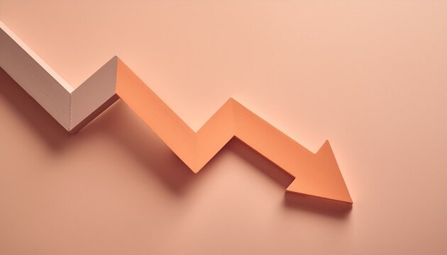 A red downward arrow hitting the concrete ground. Illustration of the concept of downturn of economy, falling of stock prices and recession