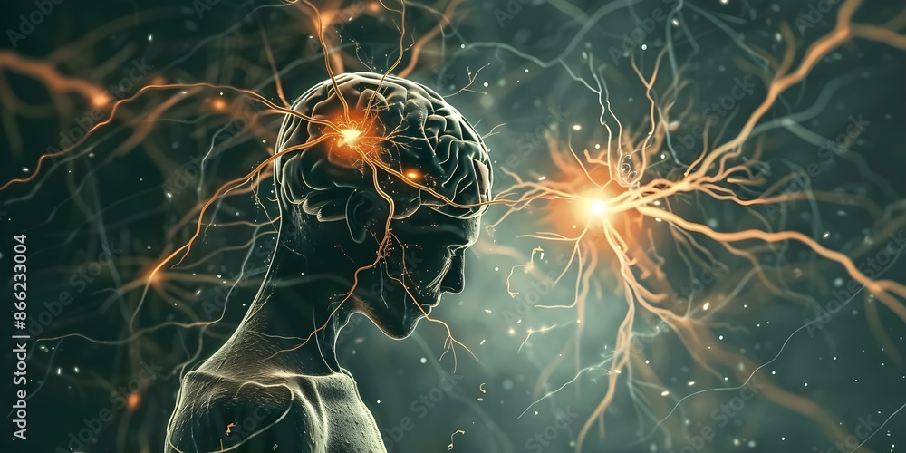 Poster how neurons use chemical messengers to transmit electrical signals in the brain. concept neural comm
