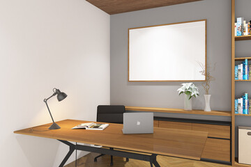 3d render of frame mockup in thelibrary of minimal design. Wood parquet floor, white wall and wood ceiling. Set 28