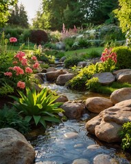 Rocky river in the park with green plants beside it