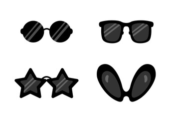 Glasses set. Set of different sunglasses icons. Retro glasses in 60s-70s style. Wayfarers, stars shape glasses, round glasses. Cartoon flat vector collection isolated on white background