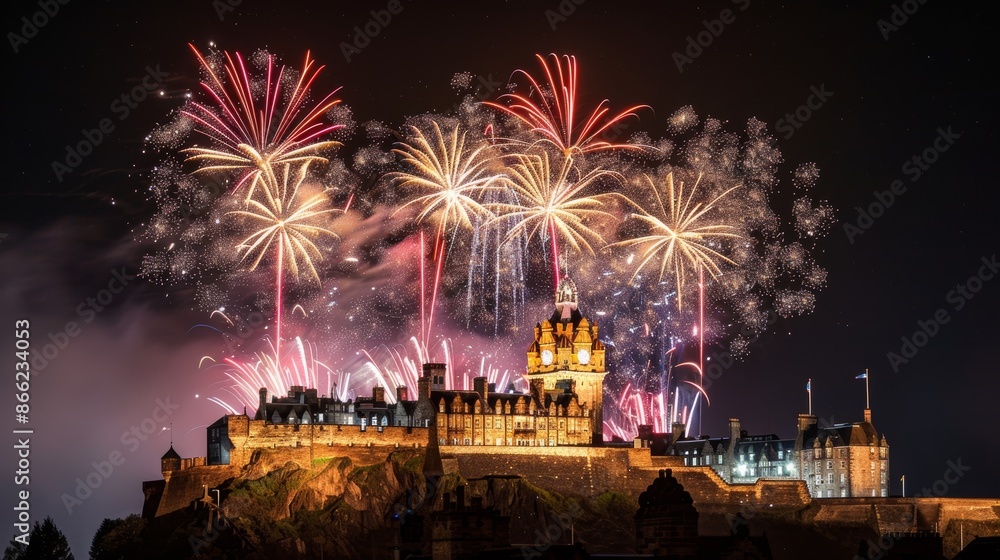 Poster Fireworks exploding in a synchronized pattern over a historic castle, creating a majestic scene against the dark sky