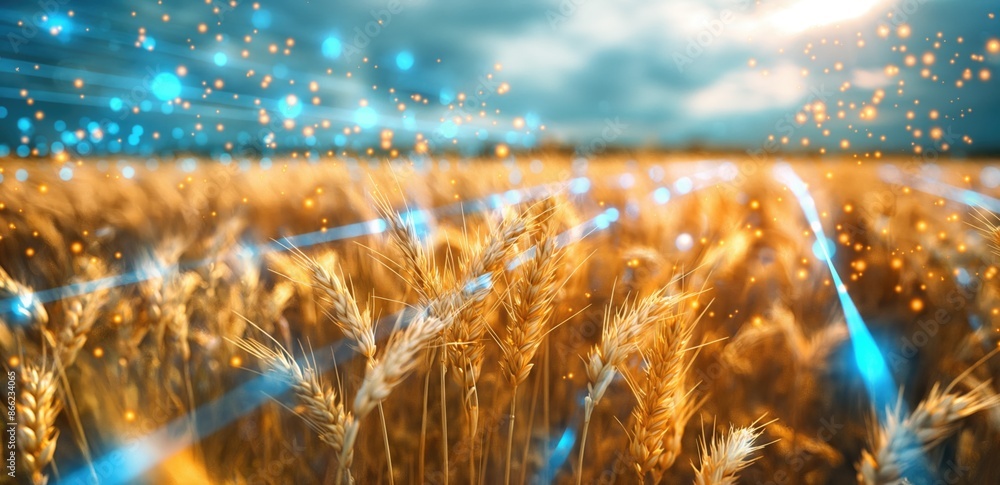 Poster golden wheat field illuminated by digital lights. concept of advanced agriculture and smart farming 