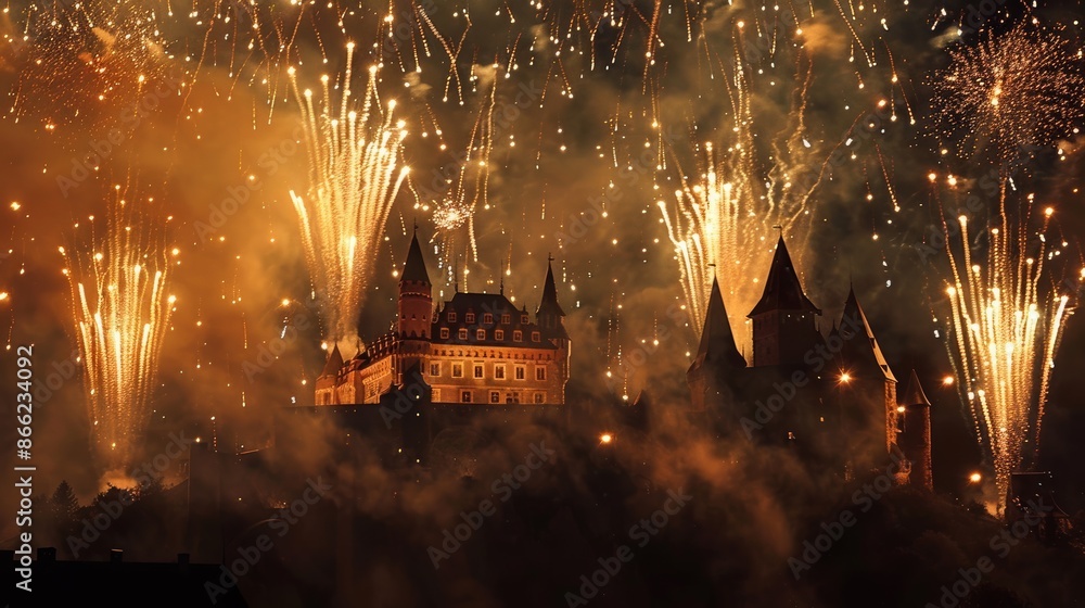 Poster Fireworks exploding in a synchronized pattern over a historic castle, creating a majestic scene against the dark sky