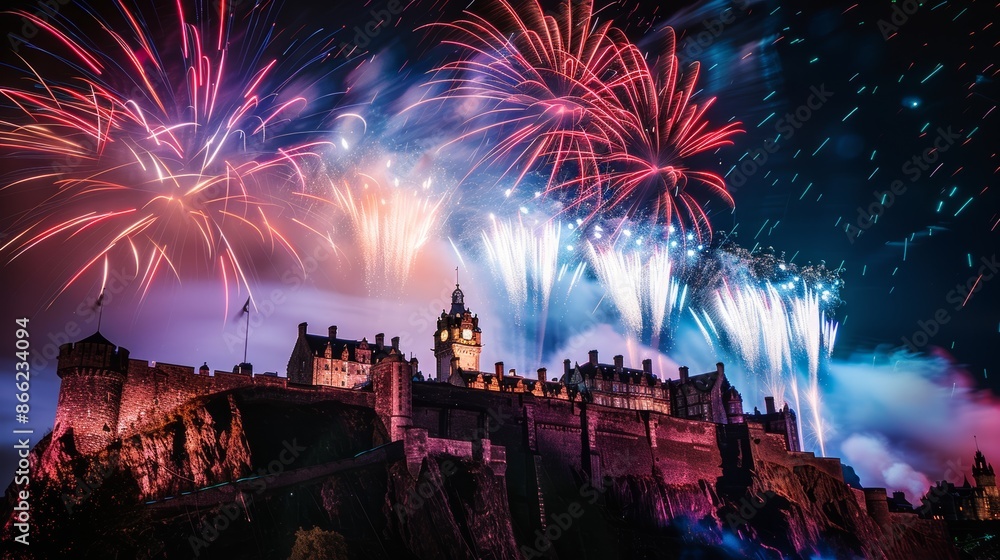 Aufkleber Fireworks exploding in a synchronized pattern over a historic castle, creating a majestic scene against the dark sky