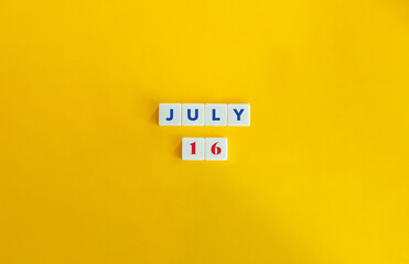 July 16 Banner. Concept of Celebrating Anniversary, Birthday, Jubilee, Big Day. Text on Block Letter Tiles and Icon on Flat Background. Minimalist Aesthetics.