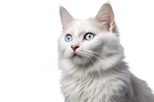 Ethereal White Feline Gazing Skyward on White or PNG Transparent Background.