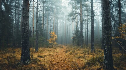 Obraz premium Foggy landscape with towering pine trees and a carpet of fallen needles on the forest floor
