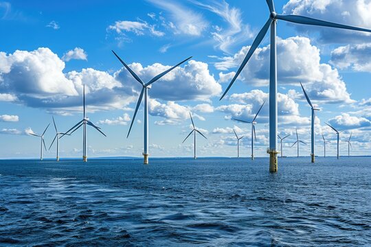 An offshore wind farm stands tall amidst blue waters and under expansive blue skies.