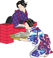 うどんを準備する女性たち
