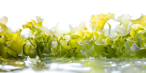 Macro shot of Fucus algae against a white backdrop highlighting marine vegetation. Concept Marine Vegetation, Macro Photography, Fucus Algae, White Backdrop, Nature Macro Shot