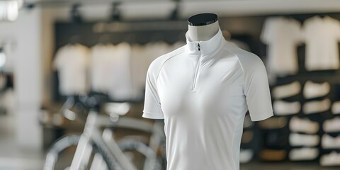Displaying a cycling jersey mockup on a mannequin with a bike in the background. Concept Photography, Cycling Apparel, Display, Mannequin, Mockup