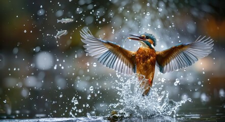 Obraz premium Nature Photos. Female Kingfisher Emerging from Water with Splash, Flying with Beautiful Bird Beak