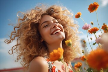 Woman a happy and smiling Face flower laughing summer.