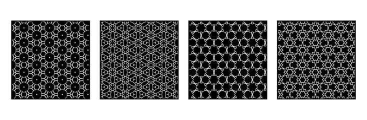 Set of 4 Oriental black and white pattern for fabric, wallpaper, flyer, business card. For use in graphics.