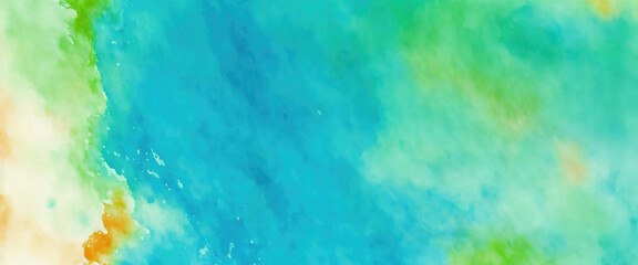 Blue Green orange abstract pattern watercolor background. Stain splash rough daub grain grunge