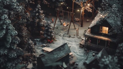 Fototapeta premium Miniature snowy village scene at night with cozy cabin, swing set, and snowy trees. Christmas, winter wonderland, festive season concept.