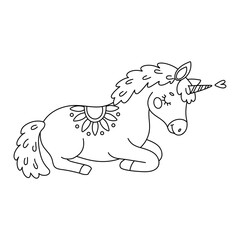 Cute magical unicorn coloring page. Romantic magical pony sleeping unicorn. Hand drawn doodle, line art isolated for Greeting card, poster, print coloring book for kids and adults. Vector illustration