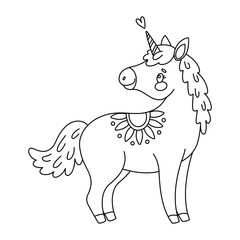 Cute magical unicorn coloring page. Romantic magical pony Hand drawn doodle, line art isolated for Greeting card, poster, print coloring book for kids and adults. Vector illustration