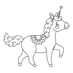 Cute magical unicorn coloring page. Romantic magical pony Hand drawn doodle, line art isolated for Greeting card, poster, print coloring book for kids and adults. Vector illustration