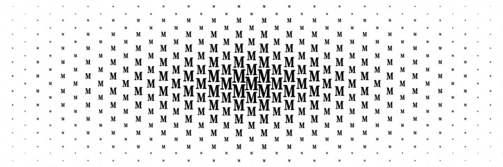 horizontal halftone of black capital letter m spreading from center for pattern and background.