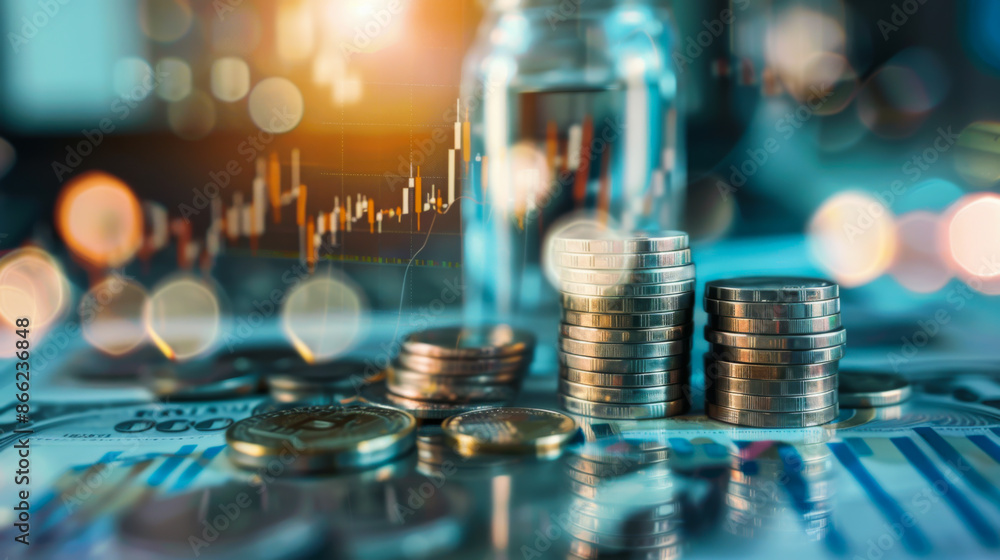Poster close-up of coins on a desktop against a background with a digital screen with graphs. money managem