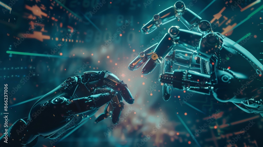 Poster Human and robotic hands coming together with a background of futuristic data visualizations, showcasing innovation in artificial intelligence