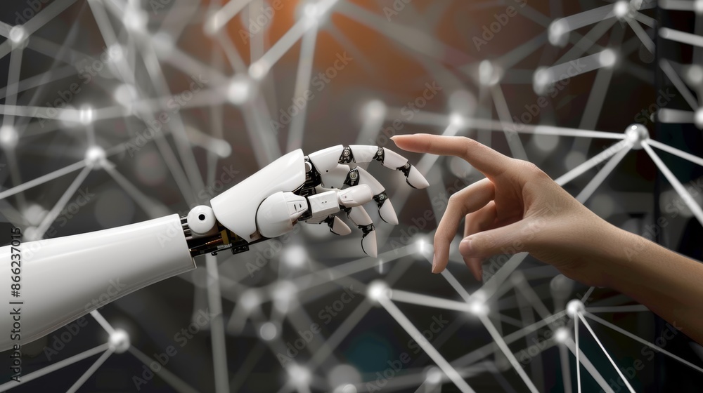 Aufkleber Human and robotic hands joining together with a backdrop of interconnected digital nodes, symbolizing the integration of AI in everyday life