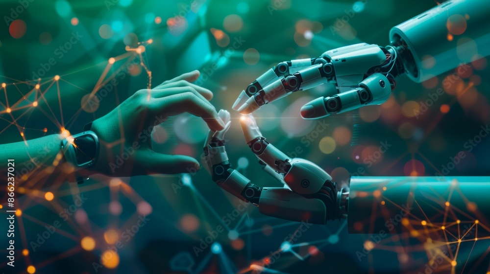 Aufkleber human and robotic hands coming together with a background of futuristic data visualizations, showcas