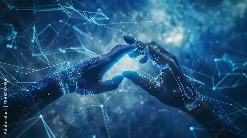 Aufkleber Human and robotic hands joining together with a backdrop of interconnected digital nodes, symbolizing the integration of AI in everyday life