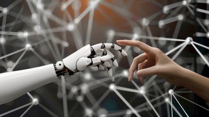 Human and robotic hands joining together with a backdrop of interconnected digital nodes, symbolizing the integration of AI in everyday life