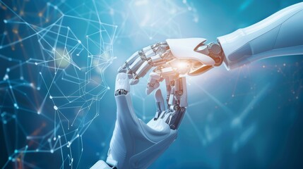 Human and robotic hands coming together with a background of futuristic data visualizations, showcasing innovation in artificial intelligence