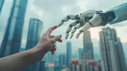 Human hand and robotic hand reaching towards each other with a futuristic cityscape in the background, representing the future of AI and technology