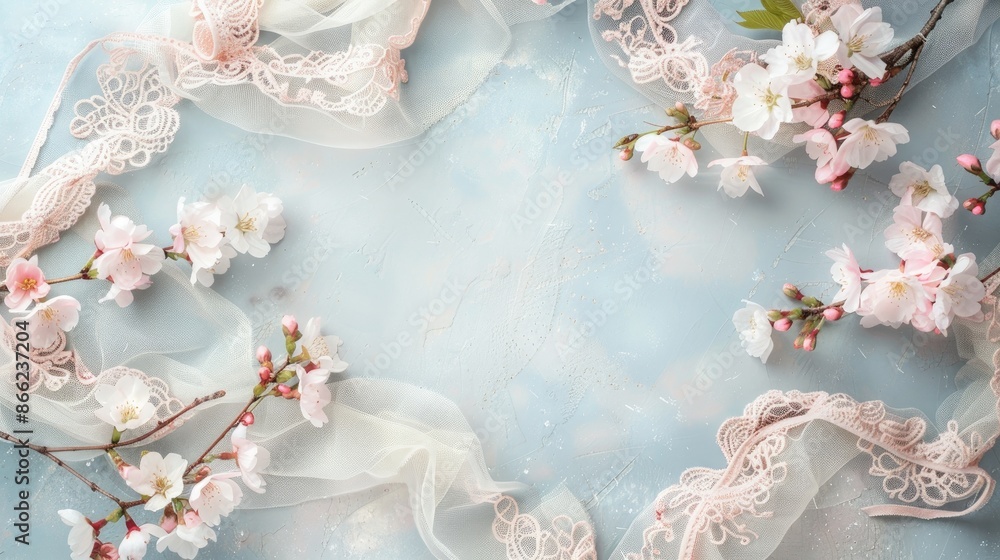 Poster spring themed background with vintage elements and soft colors cherry blossom branch lace and satin 