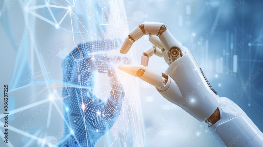 Aufkleber Human hand and robotic hand touching with an abstract background of digital interfaces and data streams, illustrating the synergy of AI and human innovation