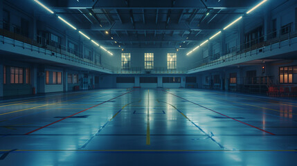 A dimly lit multipurpose school sports hall with a clean floor marked for different sports and minimal light reflections, creating a calm atmosphere.