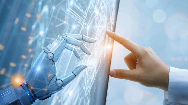 Human hand and robotic hand touching with an abstract background of digital interfaces and data streams, illustrating the synergy of AI and human innovation