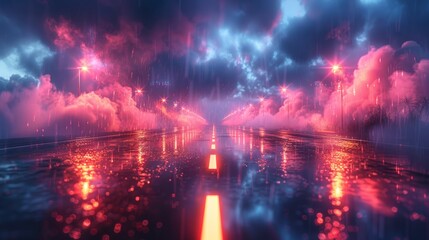 Lonely urban road with neon lights bouncing off wet surfaces and swirling smoke.