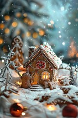 Enchanting Gingerbread House Amidst Sparkling Festive Decorations