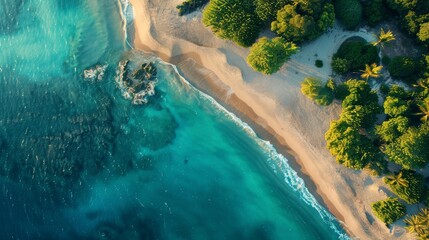Aerial view of pristine beach with turquoise water, white sand, and lush green trees. Tropical paradise, travel destination, summer vacation, holiday